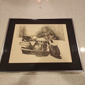 Vintage Kahler Police Motorcycle Pencil Print Framed 16x20" Wall Hanging Art